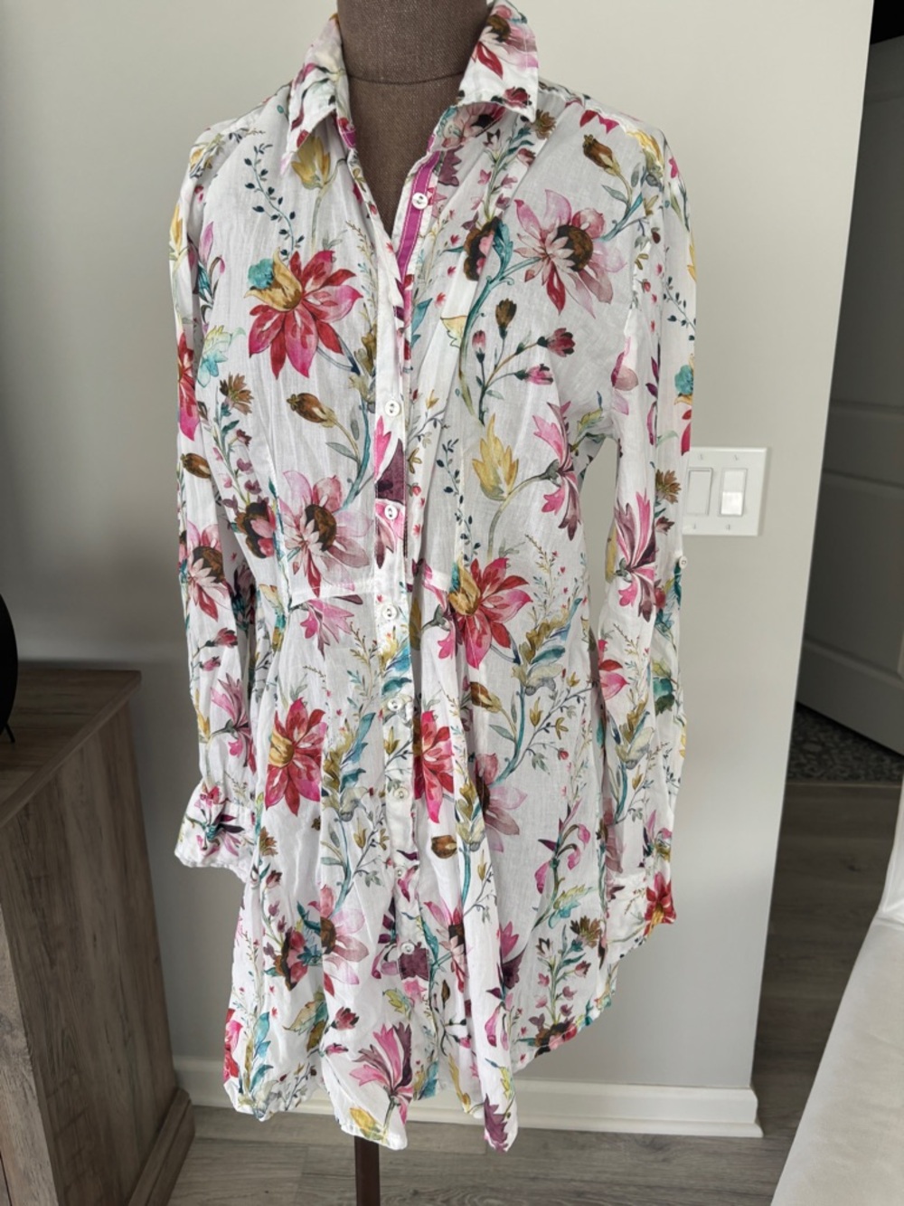 Floral Button-Up Tunic Top in White with Pink & Yellow Flowers
